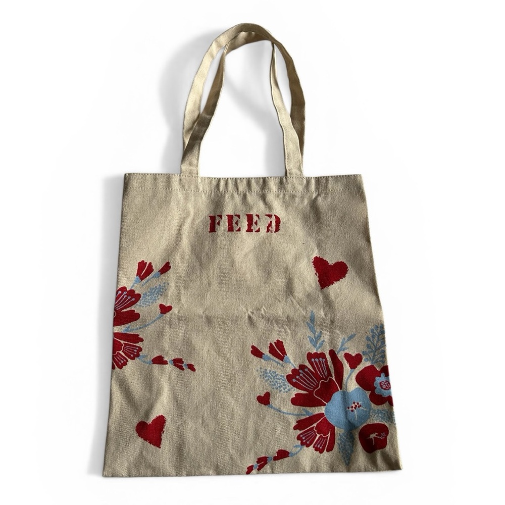 FEED Beige Canvas Tote with Red Floral Accents - New